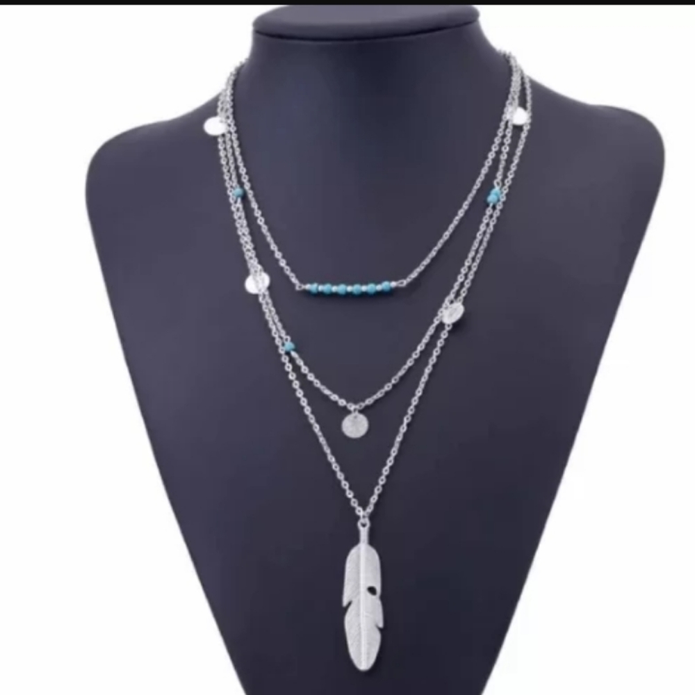 NEW Boho Turquoise Silver Feather Layered Necklace - Picture 2 of 8